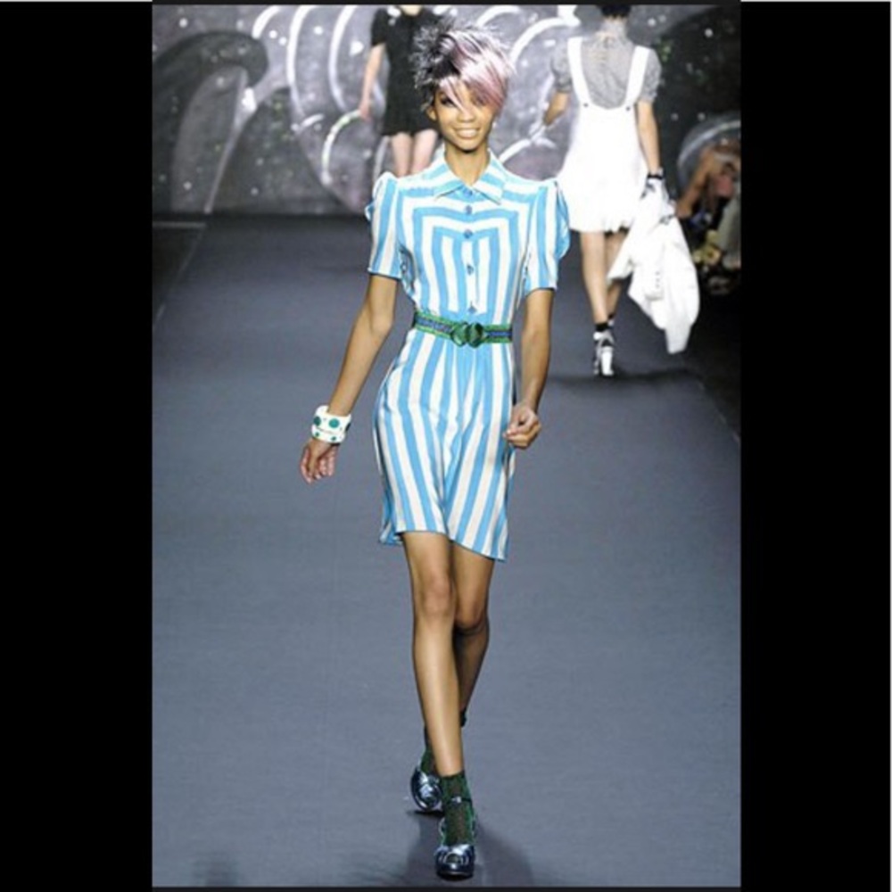 Anna Sui White and Blue Striped Silk Dress